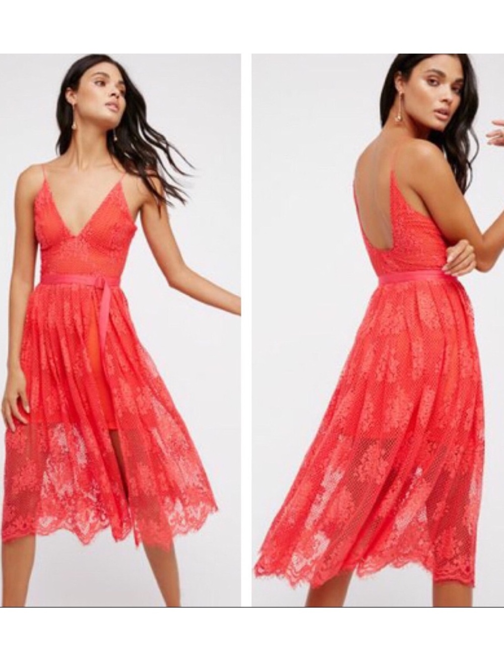 Free People Marchpoint Pink Lace Plunge Midi Dress Size 4